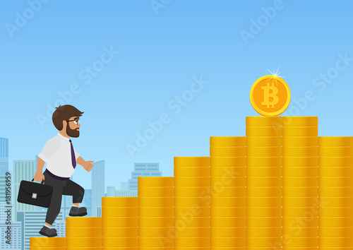 Businessman walking up on golden coin stairs to bitcoin cryptocurrency. Cartoon concept vector illustration.