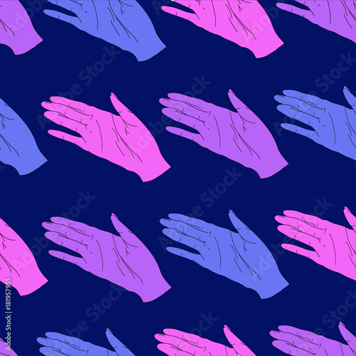 seamless pattern with colored palms on blue background