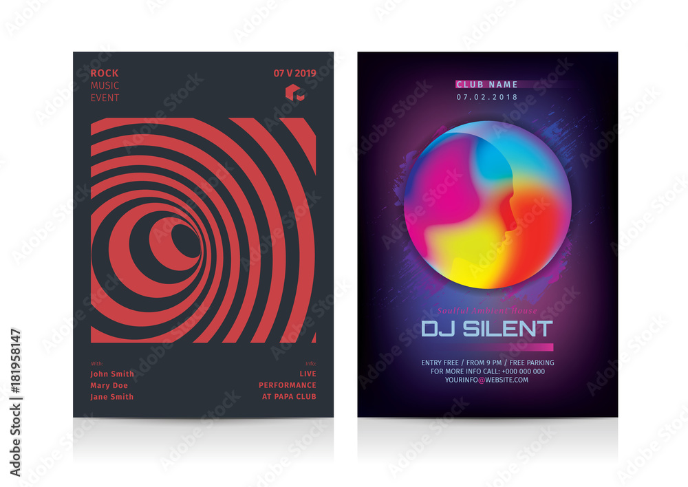 Fototapeta premium Set of Rock Music & Dj Party Flyer layout templates. Mockup Vector illustration.