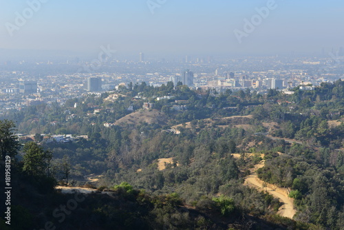 The Hollywood Hills overlooking a misty Los Angeles in the early morning 