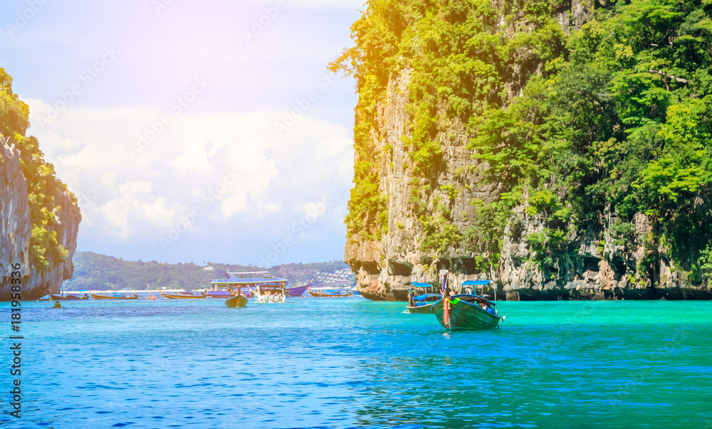 Boat in MAYA Bay Phi Phi Islands Andaman sea Krabi Thailand.