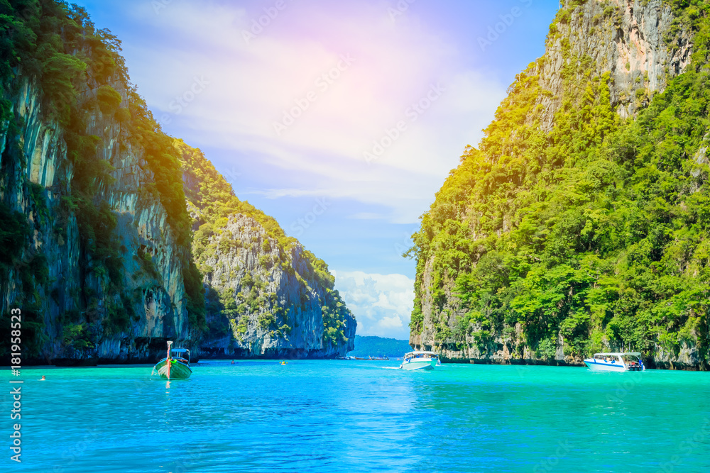 Boat in MAYA Bay Phi Phi Islands Andaman sea Krabi Thailand.
