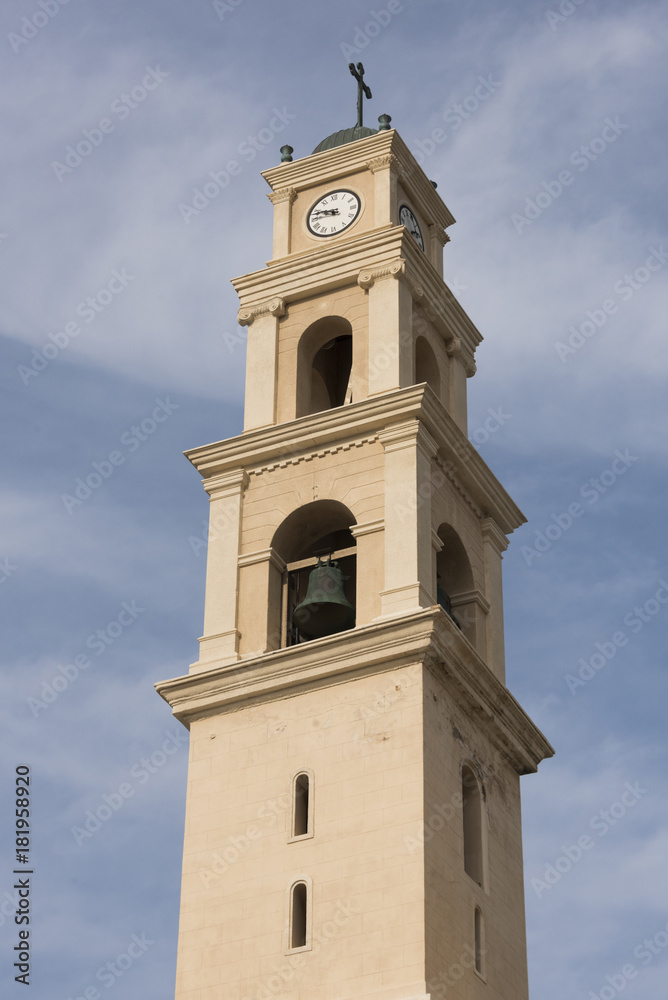 Low angle view of the bell tower of St. Peter's Church, Old Jaffa, Tel Aviv-Yafo, Israel