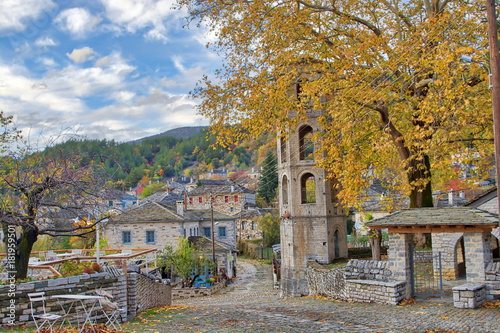 Sunset on a traditional alley in Megalo Papingo village in Ioannina, Greece