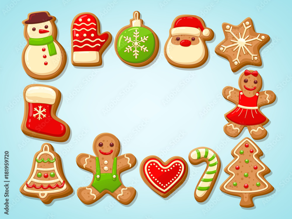 Christmas gingerbread cookies making a rectangular frame. Vector illustration.