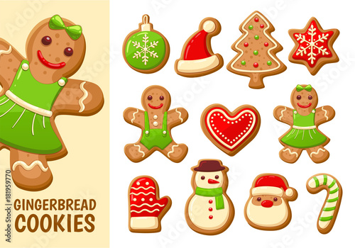Set of cute gingerbread cookies for christmas. Isolated on white background. Vector illustration.