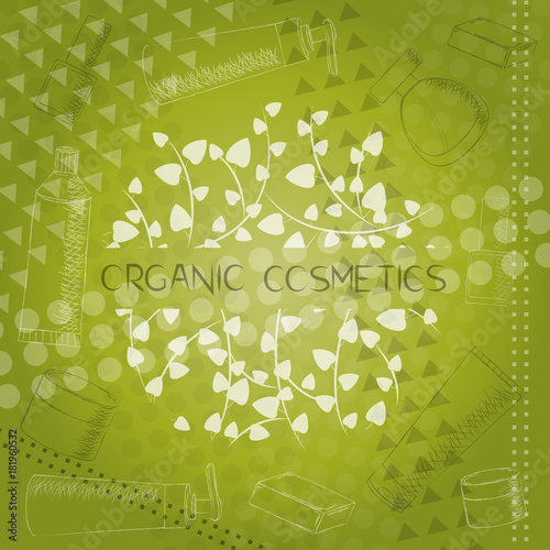 vector logo for organic cosmetics in the background of bottles and herbs