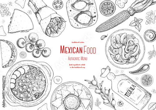 Mexican food top view frame. A set of mexican dishes with pozole, quesadillas, tacos, burrito. Food menu design template. Vintage hand drawn sketch vector illustration. Mexican cuisine engraved image.