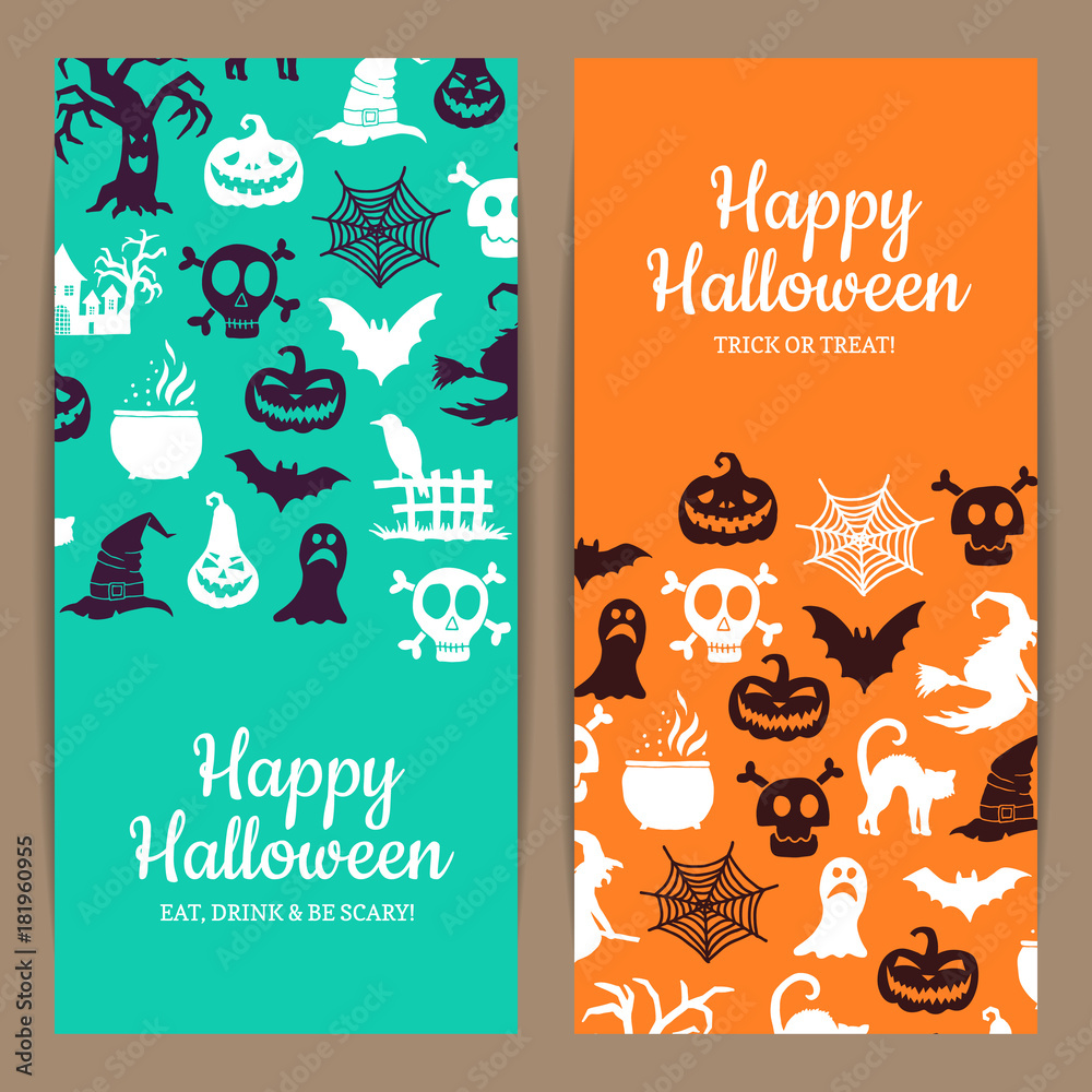 Fototapeta premium Vector halloween thin card or flyer templates with witches, pumpkins, ghosts, spiders silhouettes