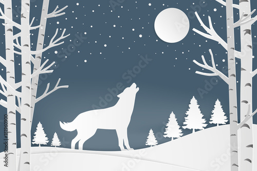 Merry Christmas and winter season greeting card. Wolf in forest with full moon and winter background. Paper art style. © n.ko.studios