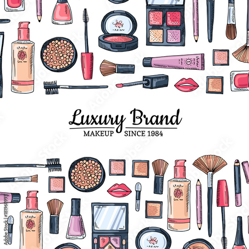 Vector hand drawn makeup products background