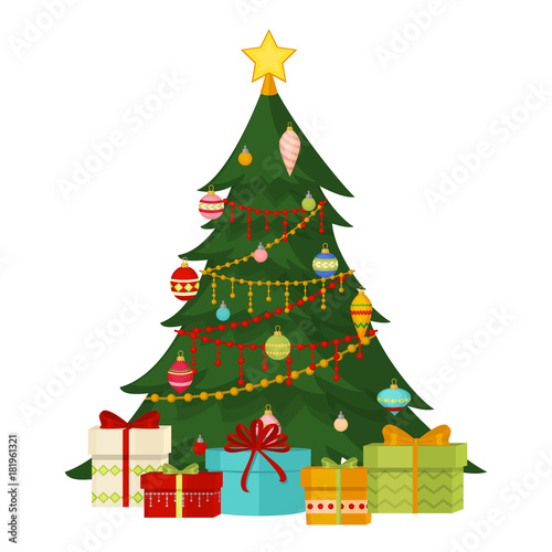 Christmas tree with fir gifts balls lights winter holiday gift card merry xmas celebration happy new year decoration vector illustration