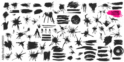 Set of black paint brush spots end blot, highlighter lines or felt-tip pen marker horizontal blots. Ink smudge abstract shape stains and smear set with texture. Vector pen or brushstrokes and dashes