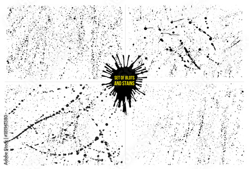 Set of Ink blots urban background. Grunge texture. Poster for your design. Dust overlay distress grain. Black paint splatter, dirty. Hand drawing. Vector illustration Isolated on white background