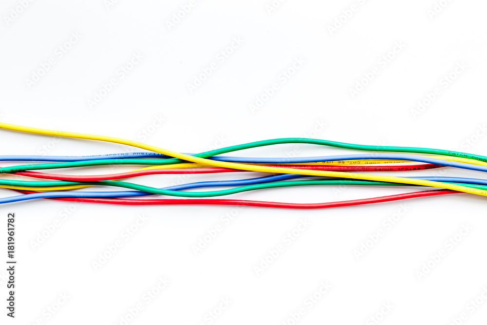 Network cables for computer on white background top view copyspace Network cables for computer on white background top view copyspace
