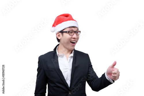 Business man has thumb show with Christmas festival themes isolated on white background.