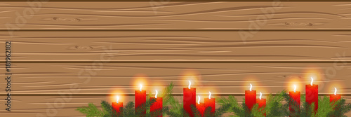 Burning candles on a wooden background. cosiness.Panorama. Vector illustration. Eps 10.