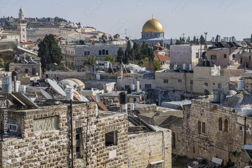 View of old city from Damascus Gate with Dome of The Rock in the background, Jerusalem, Israel