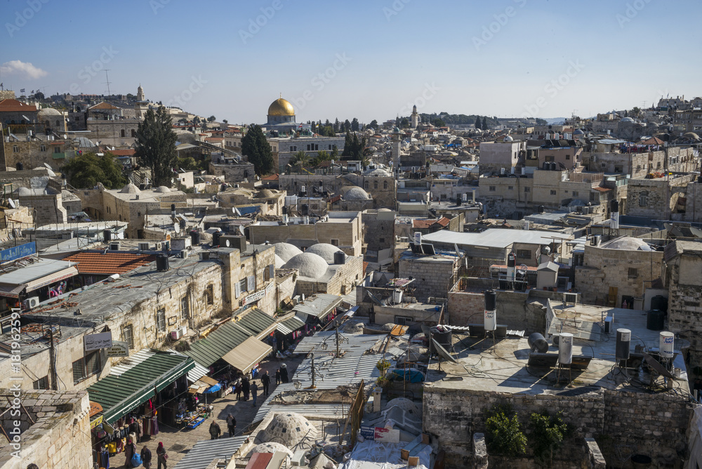 View of old city from Ramparts Walk with Dome of The Rock and Tower of David in the background, Jerusalem, Israel