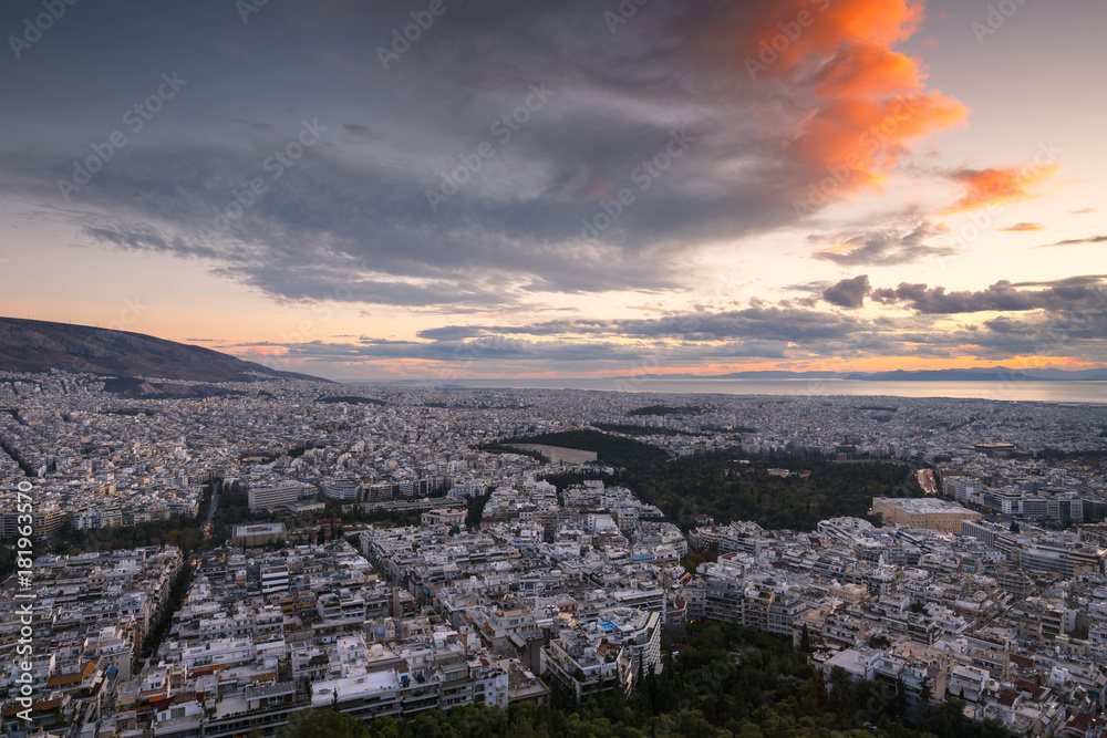 View of city of Athens from Lycabettus hill at sunset, Greece. 
