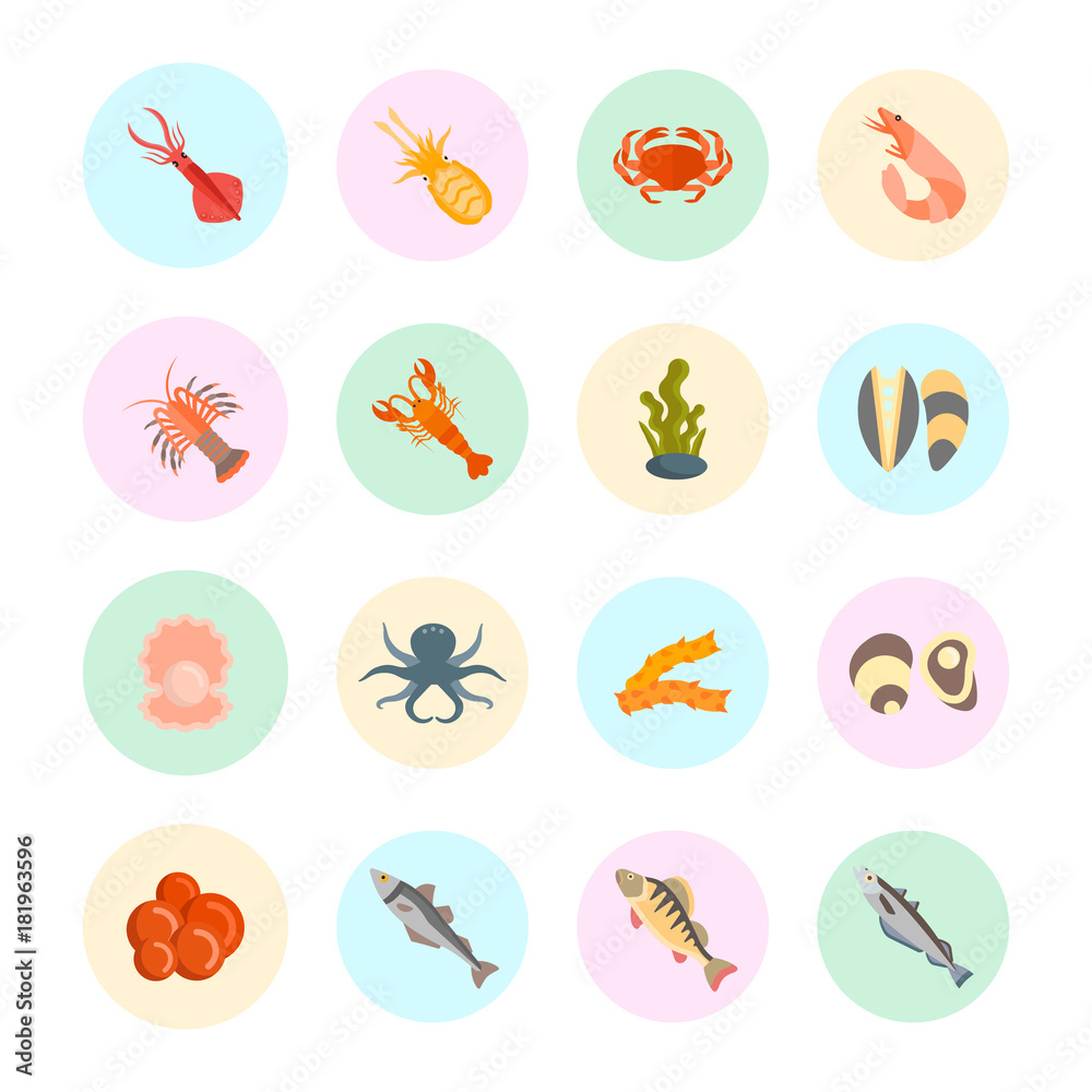 Set Vector Flat Icons of Seafood