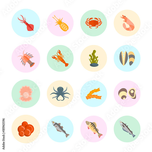 Set Vector Flat Icons of Seafood