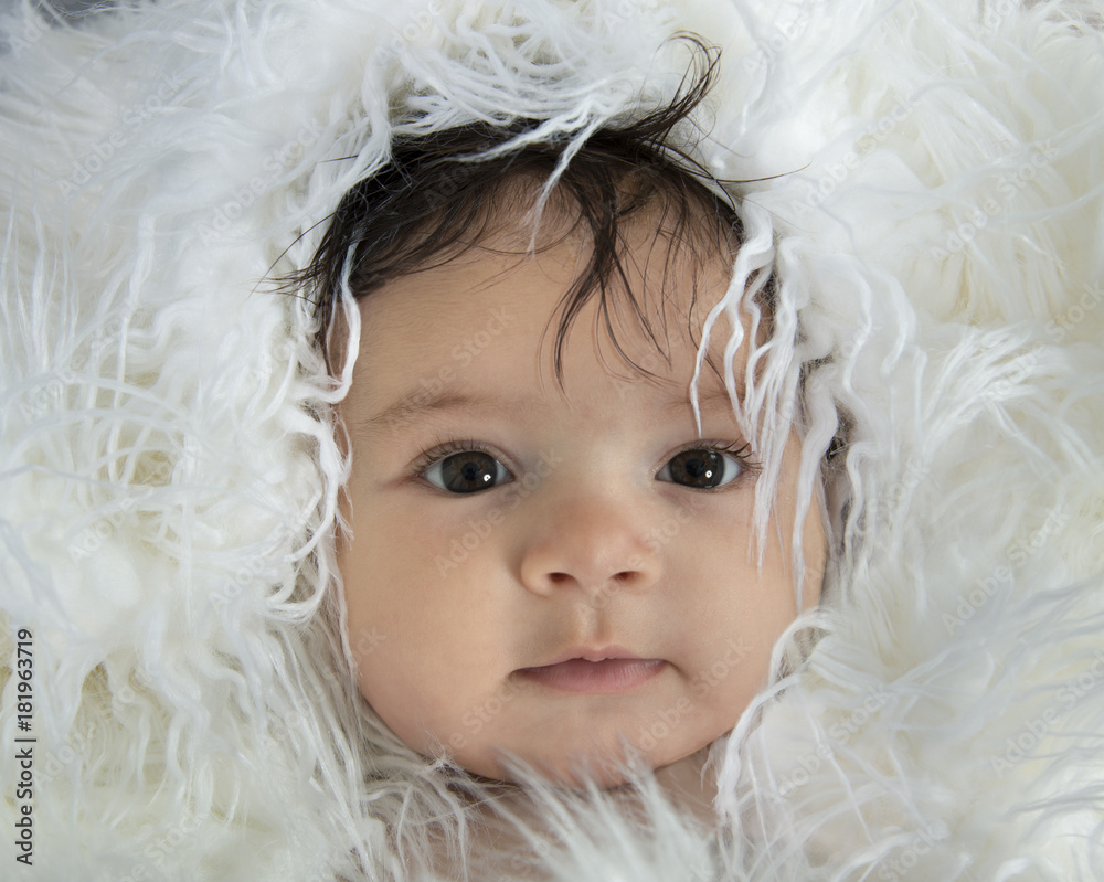 3 month old baby in white, fur hood 3 month old baby in white, fur hood