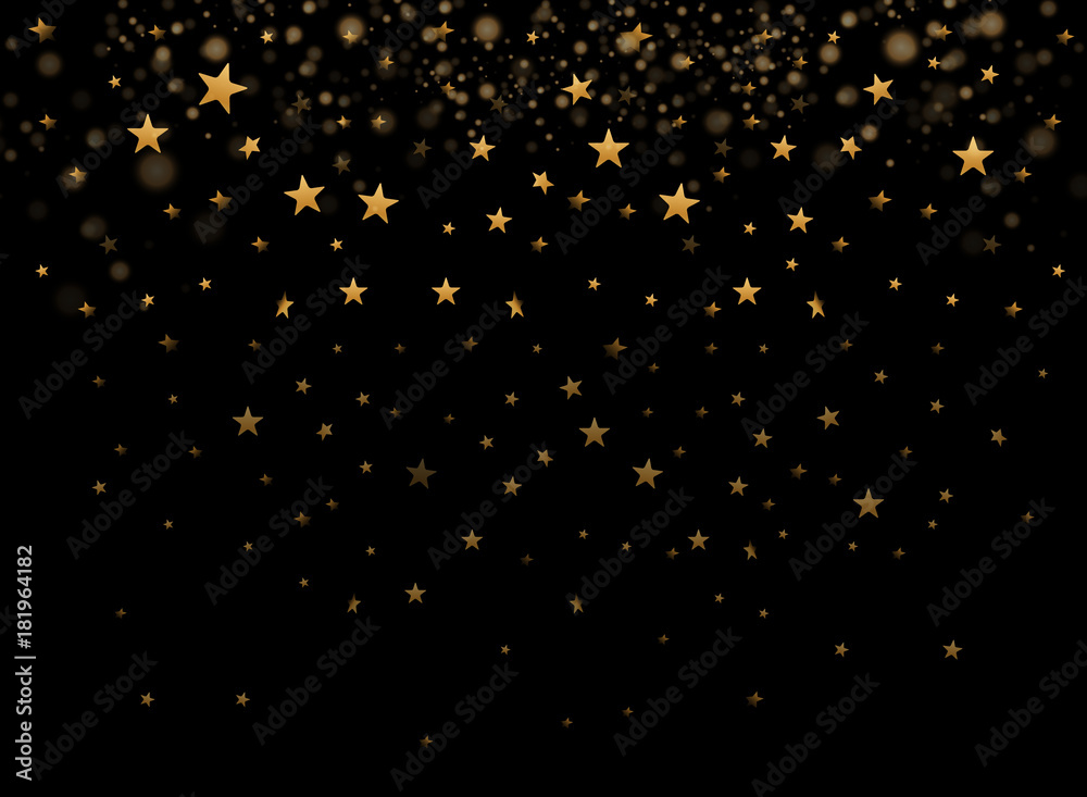 Gold stars falling confetti isolated on black background. Golden abstract rain confetti. Decoration sparkle explosion festive. Vector illustration EPS10