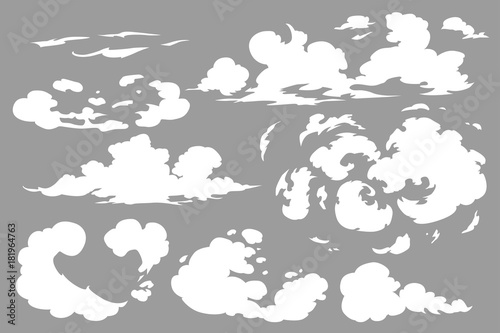 Vector smoke special effects template. Steam clouds, fog, watery vapour or dust explosion 2D VFX clipart elements for game, print, advertising and web design