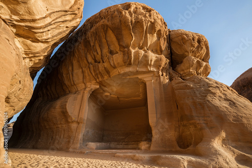 Rock formation and carving, Mada'in Saleh, Al Madinah, Al-Hejaz, Saudi Arabia photo