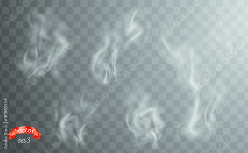 White cigarette smoke waves. White hot steam over cup for dark and transparent background. Set of fume on food, tea and coffee. Magic vapor, mist, cloud, gas or fog vector illustration. Hazy fragrance
