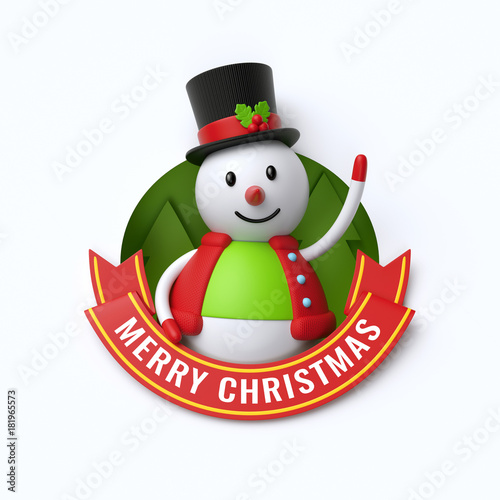 3d render, Merry Christmas text, cute snowman, cartoon character, red ribbon, greeting card, banner, isolated on white background