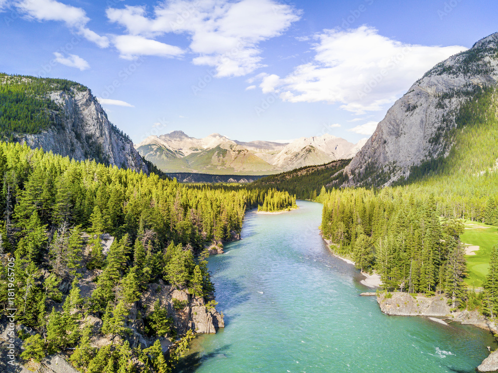 Aerial view of Bow river in Rockies Mountains, Banff National Park, Alberta, Canada