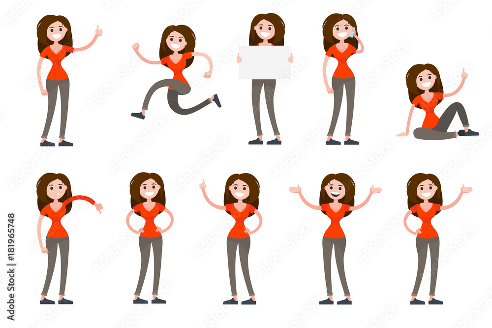 Presentation set of a woman in casual clothes in different poses vector illustration. Thinking, talking student character for your project print idea, web, poster, ads or flyer design flat style Presentation set of a woman in casual clothes in different poses vector illustration. Thinking, talking student character for your project print idea, web, poster, ads or flyer design flat style