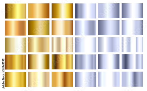 Gold, steel, iron or silver gradient background vector texture. Metal illustration for frame, ribbon, banner, icon, background, poster and label. Realistic bright golden design seamless pattern set