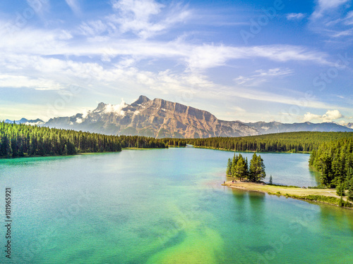 Beautiful Minnewanka Lake with small peninsula, Banff National Park, Alberta, Canada