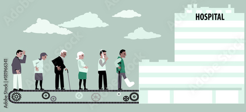 Line of patients moving to hospital on a conveyor belt, EPS 8 vector illustration