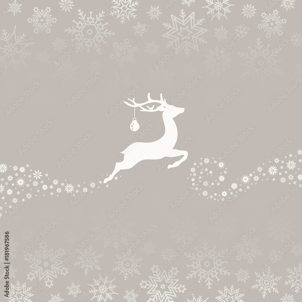 Flying Reindeer, Christmas Ball & Snowflakes Brown Background