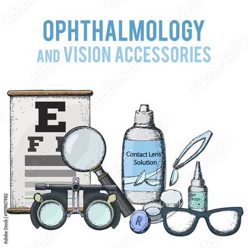 Set of medical optometry accessory for correct vision - contact lens,  solution, lens case eye test chart, glasses. Vector