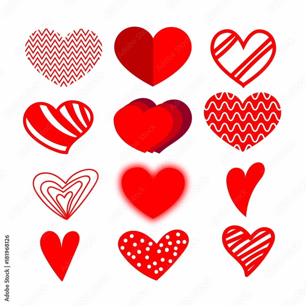 Set of hand drawn sketchy red heart icons design elements for Valentine's day. Vector illustration