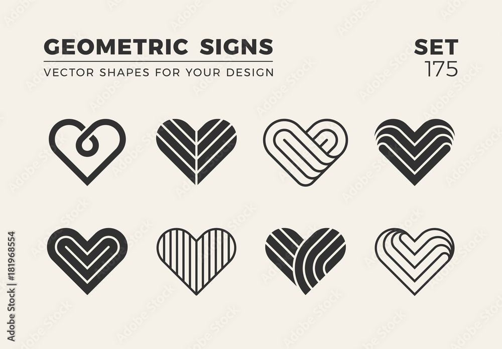 Set of eight minimalistic trendy shapes. Stylish vector logo emblems for Your design. Simple creative geometric signs collection.