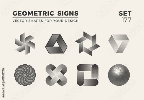 Set of eight minimalistic trendy shapes. Stylish vector logo emblems for Your design. Simple creative geometric signs collection.