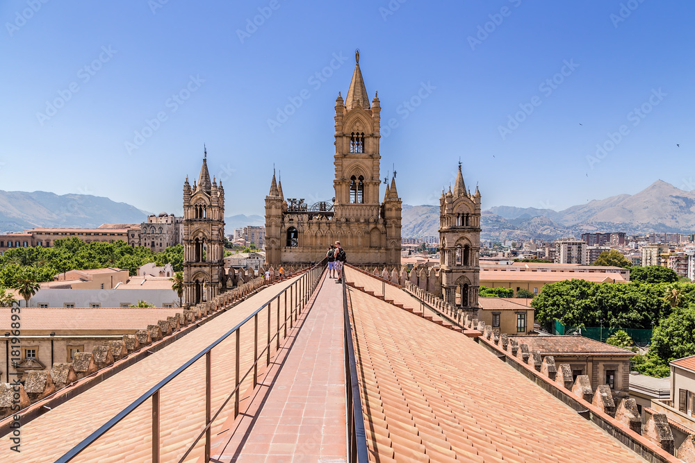 Palermo, Italy. The roof of the cathedral. On the left, in the background, the Norman Palace