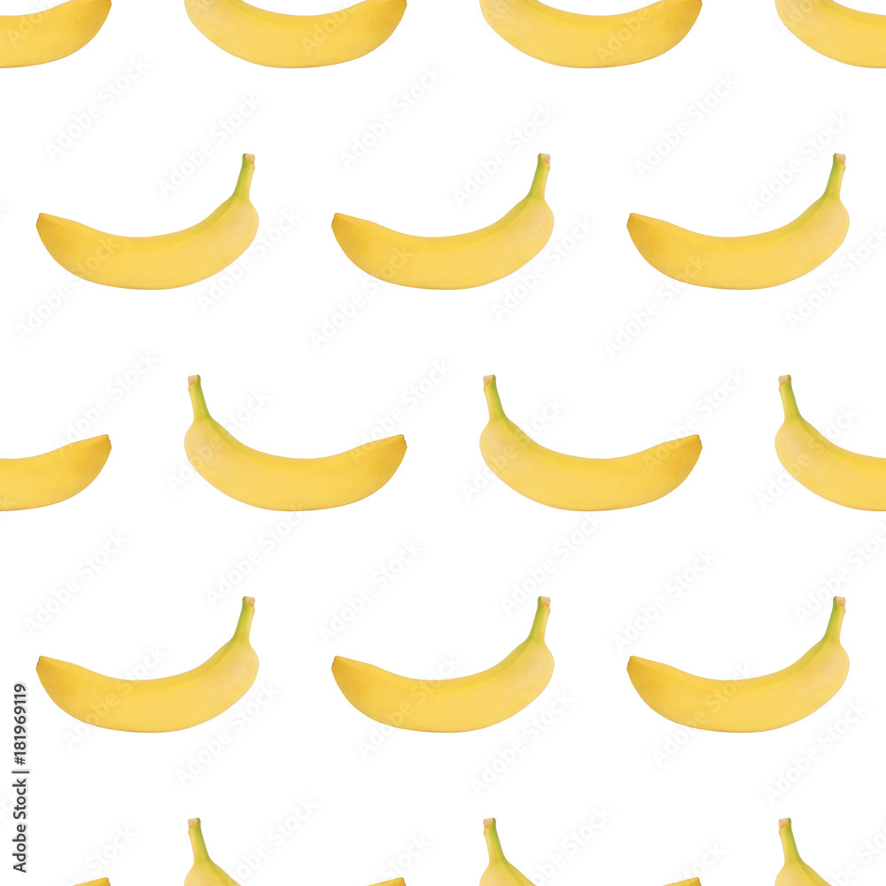 Seamless pattern from whole bananas isolated on white background