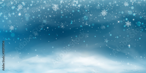 Snow background. Winter christmas landscape with cold sky, blizzard