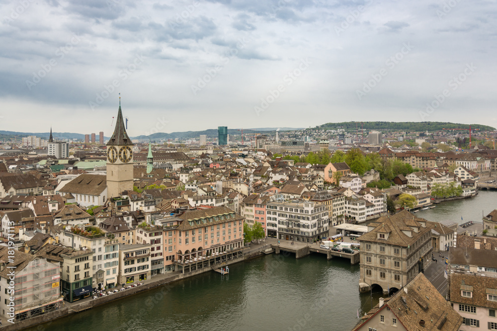 City of Zurich as seen from one of the towers of Grossmunster church