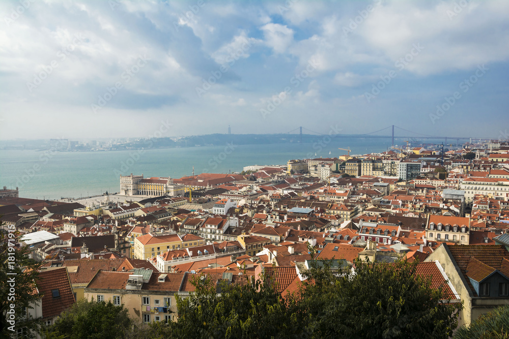 Lisbon from above: view of Baixa  district and  Rio Tejo (River Tagus) from Castelo de Sao Jorge