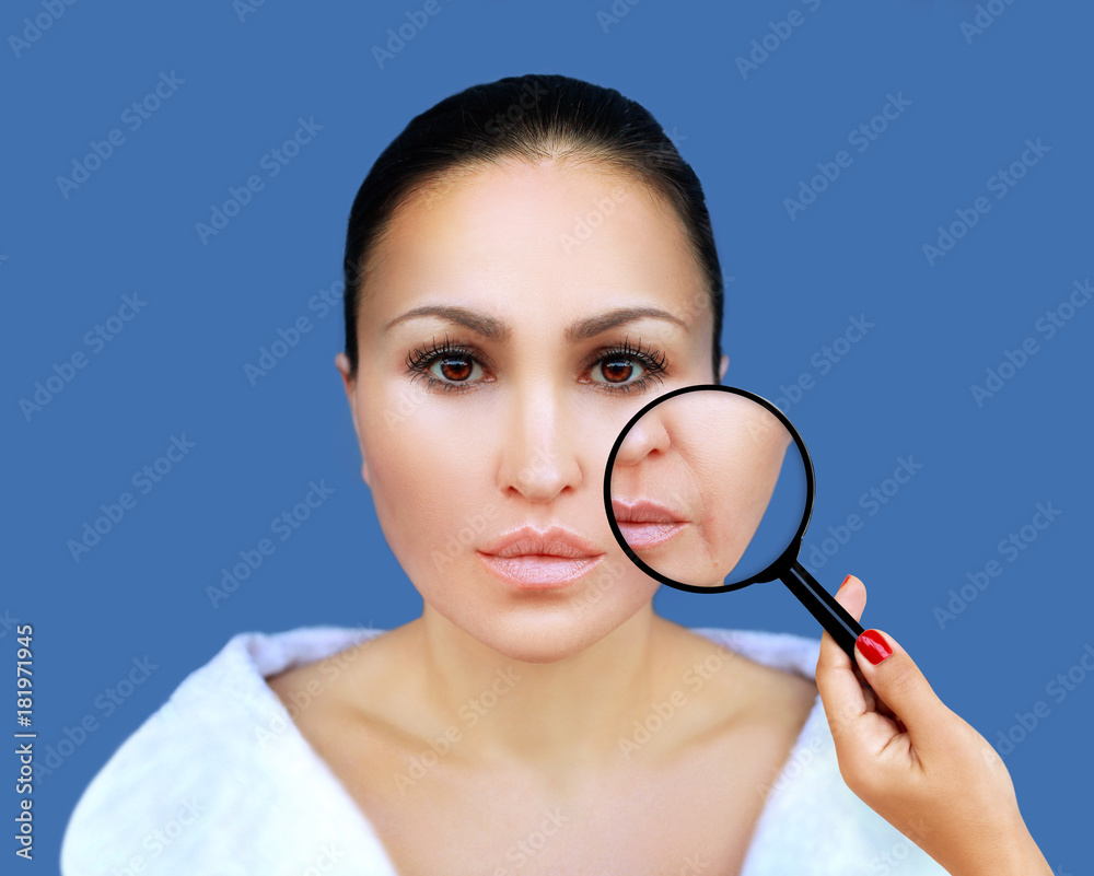 Aging. Mature woman-young woman.Face with skin problem Aging. Mature woman-young woman.Face with skin problem
