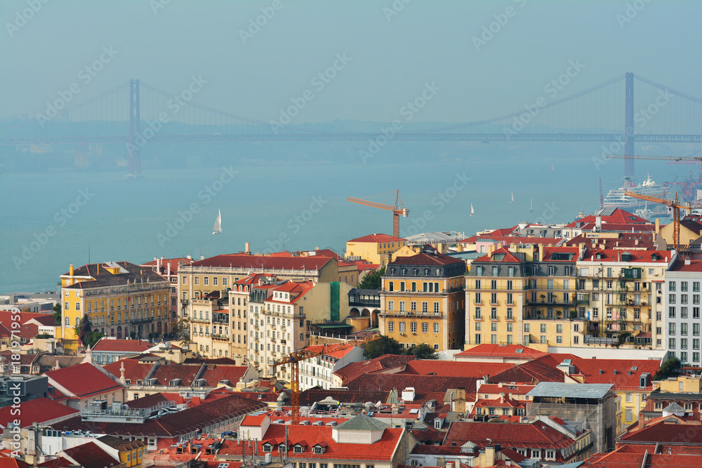 Lisbon from above: view of Baixa  district and  Rio Tejo (River Tagus) from Castelo de Sao Jorge