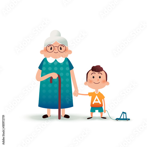 Grandmother and grandson holding hands. Little boy with a toy car and old woman cartoon vector illustration. Happy family concept. Cartoon vector flat illustration